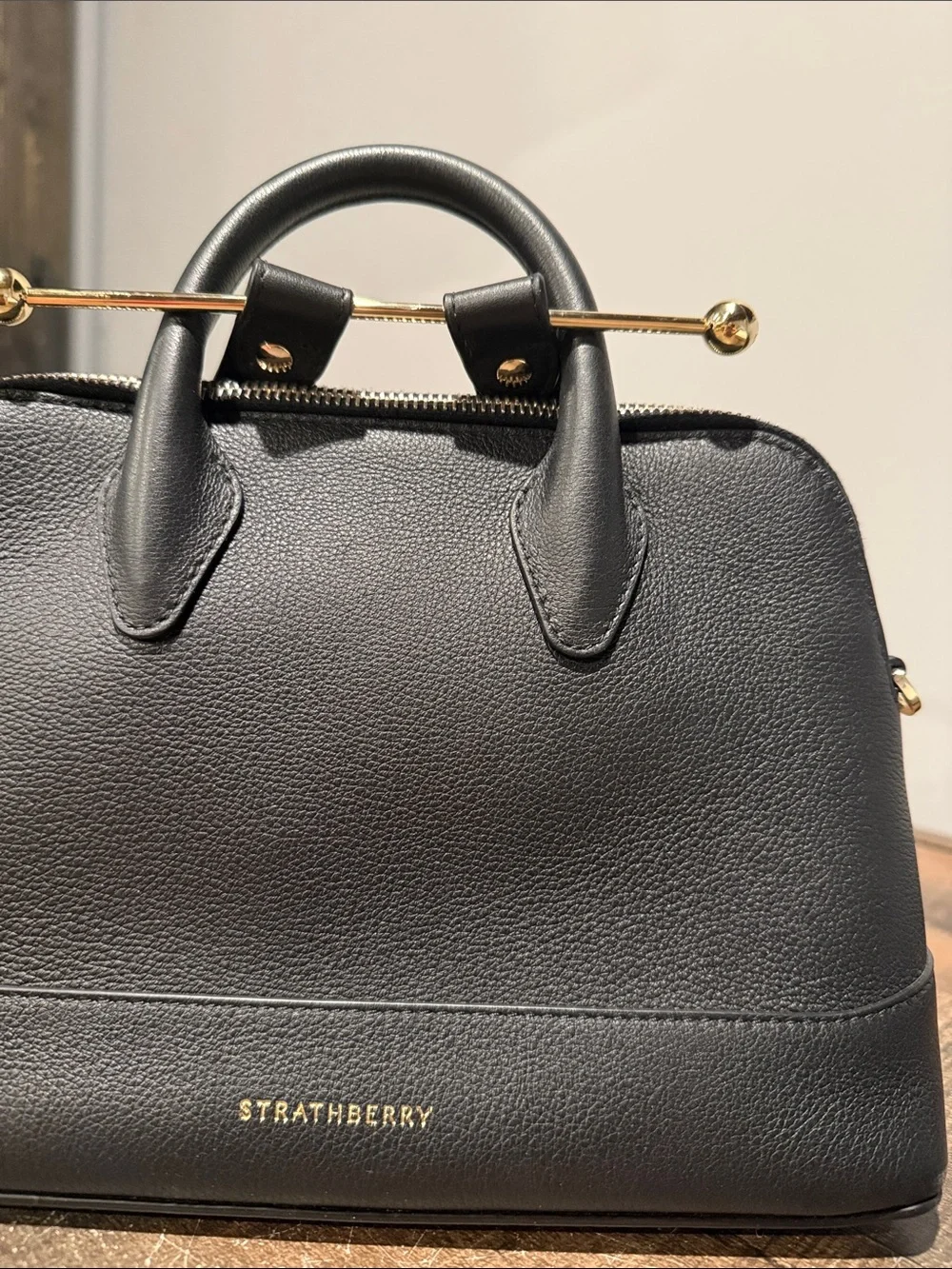 Strathberry Black Leather Dome Satchel with Gold Hardware